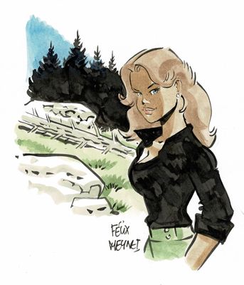 dessin représentant une femme vêtue d'un haut noir et d'un pantalon vert, tenant un chien noir dans ses bras