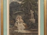 an old picture of a woman sitting on a bench in a garden