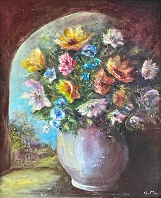 a painting of flowers in a vase on a window sill