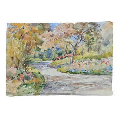aquarelle représentant un sentier dans un parc, avec des arbres et des fleurs