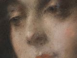 portrait of a woman with orange lips in a black hat