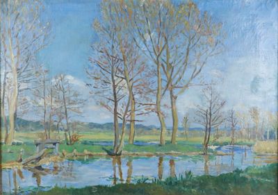painting of a river with trees in the foreground and a boat in the water