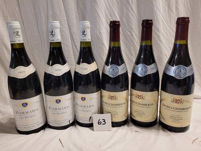 Lot de 6 bouteilles dont 3 bouteilles GEVREY-CHAMBERTIN 2000…