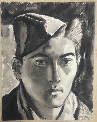 tableau représentant un jeune homme portant une casquette et une veste militaires