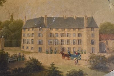 a painting of a horse drawn carriage in front of a large building