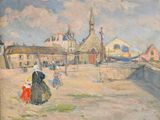 tableau représentant une femme et un enfant marchant dans une rue d'une ville