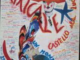 painting of a snowboarder in a red hat with words written all over it