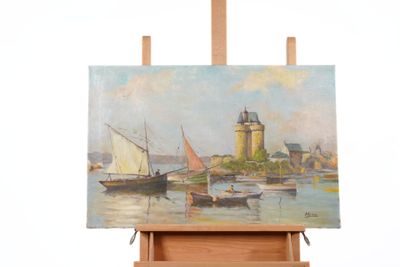 a picture of a painting on a easel with a boat in the water
