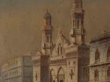 a painting of a building with a clock tower in the middle of it
