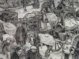 a drawing of a crowded street with people and carts