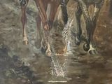 a painting of two men riding horses in the water