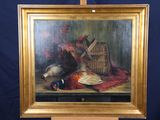 a picture of a painting of pheasants and a basket of pheasants on a table
