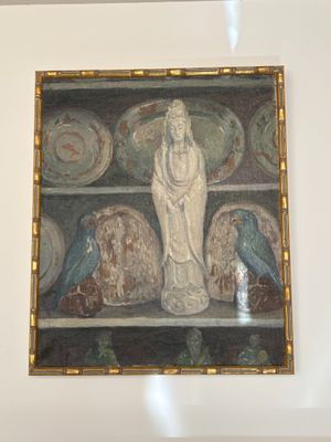 a painting of a woman sitting on a shelf in a room