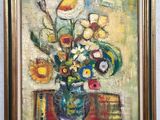 une peinture à l'huile représentant un vase de fleurs sur une table