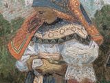an oil painting of a woman carrying a child in her arms