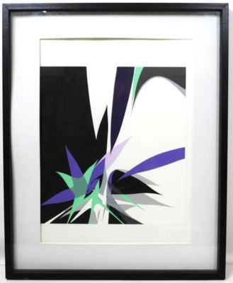 reproduction encadrée d'une peinture abstraite en noir et blanc, avec des touches de violet, de vert et de bleu