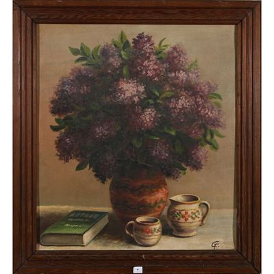 tableau représentant un vase de lilas et deux tasses de café posées sur une table