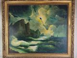 a painting on the wall of a room that has a painting of a boat in the water