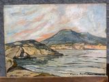 a painting of a mountain and a body of water