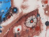 abstract painting of blue and red shapes on a white surface