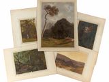 four framed paintings of trees and a mountain range