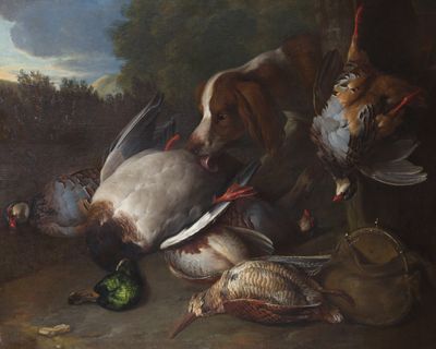 a painting of a dog with a bunch of dead birds on the ground