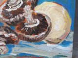 a painting of mushrooms on a table with a blue background