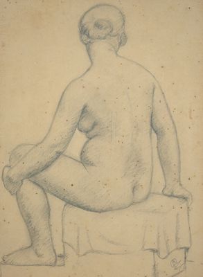 un vieux dessin représentant une femme nue assise sur une table