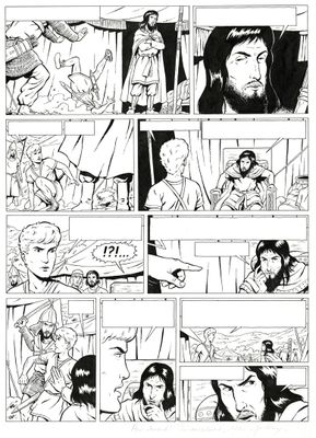 une page d'une bande dessinée comportant une illustration en noir et blanc représentant un homme et une femme
