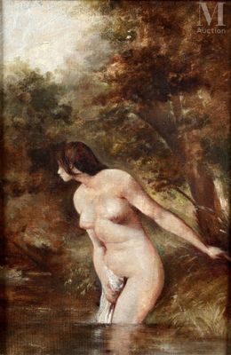 an image of a painting of a naked woman standing in a river