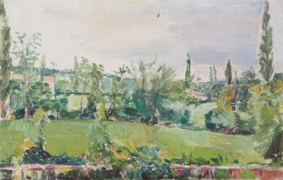 tableau représentant un champ vert avec des arbres et des buissons au premier plan