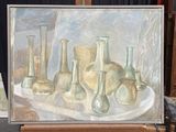 a painting of vases on a table next to a painting of a vase