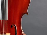 a close up of a violin on a gray background