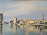 a painting of a view of a city from the water