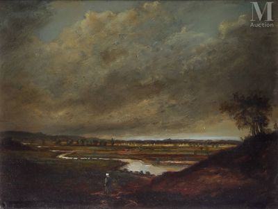 une image représentant un tableau de paysage avec une personne debout au premier plan