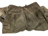 an old pair of brown pants with a leather belt on a white background