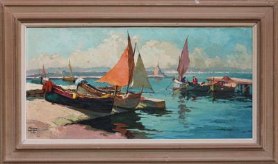 un tableau représentant des bateaux sur l'eau, près du rivage