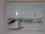 a picture of a painting of a boat on the beach