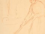 dessin au crayon représentant une femme en train de balayer le sol avec une serpillière
