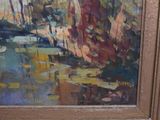 a picture of a painting of a river in the woods