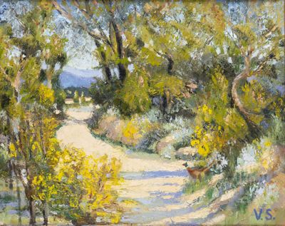 an oil painting of a dirt road surrounded by trees and bushes