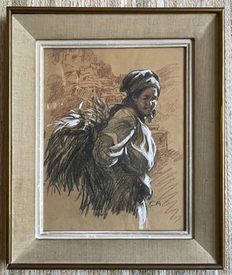 painting of a woman carrying a basket of hay in a brown frame