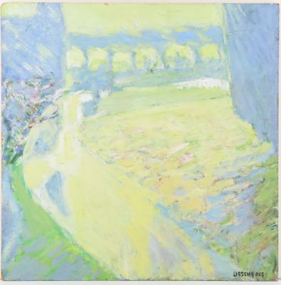 a painting of a painting of a green field with trees in the background