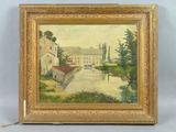 an oil painting of a river with buildings and trees in the background