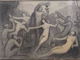 drawing of a group of naked men playing a game of baseball