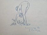 dessin représentant une femme penchée dans l'herbe, de dos à la caméra