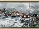 a watercolor painting of a harbor scene with boats