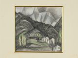 an image of a drawing of a landscape with mountains in the background