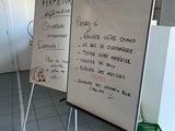 un tableau blanc sur lequel sont écrits des mots, dans une pièce