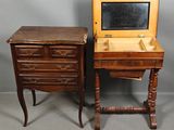 pair of antique wooden desks with drawers and a mirror